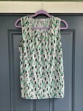 Kasper Sleeveless Shell with Mint and Black Spot Print on Cream, Size L